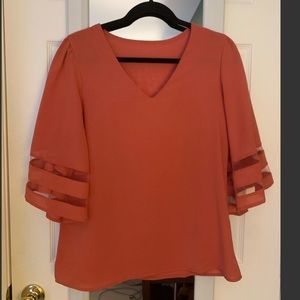 Coral V-neck Shirt with Sheer Detailing on Sleeves